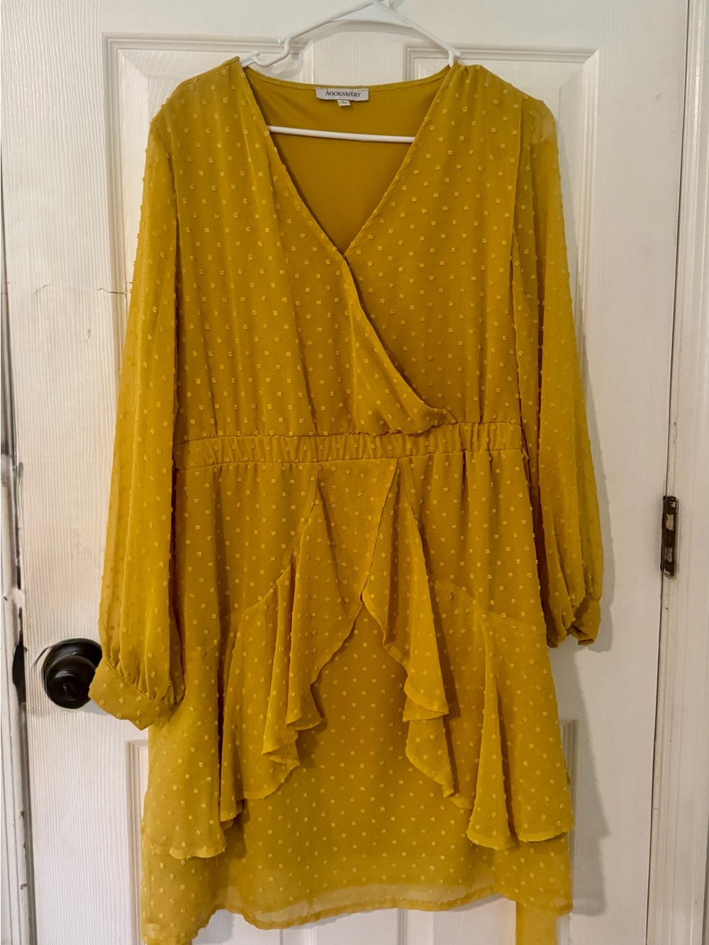Mustard Yellow Dot Wrap-Style Long Sleeve Dress